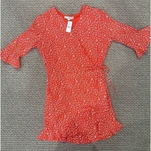 LOFT Red and white floral wrap dress with tie and built in shorts